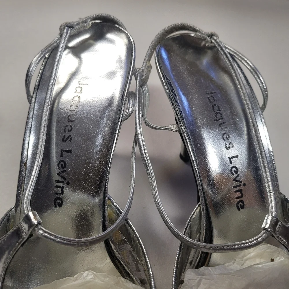 VINTAGE 90's Jacques Levine Silver Sheer Rhythm Kitten Heel Slingback Size 6 1/2